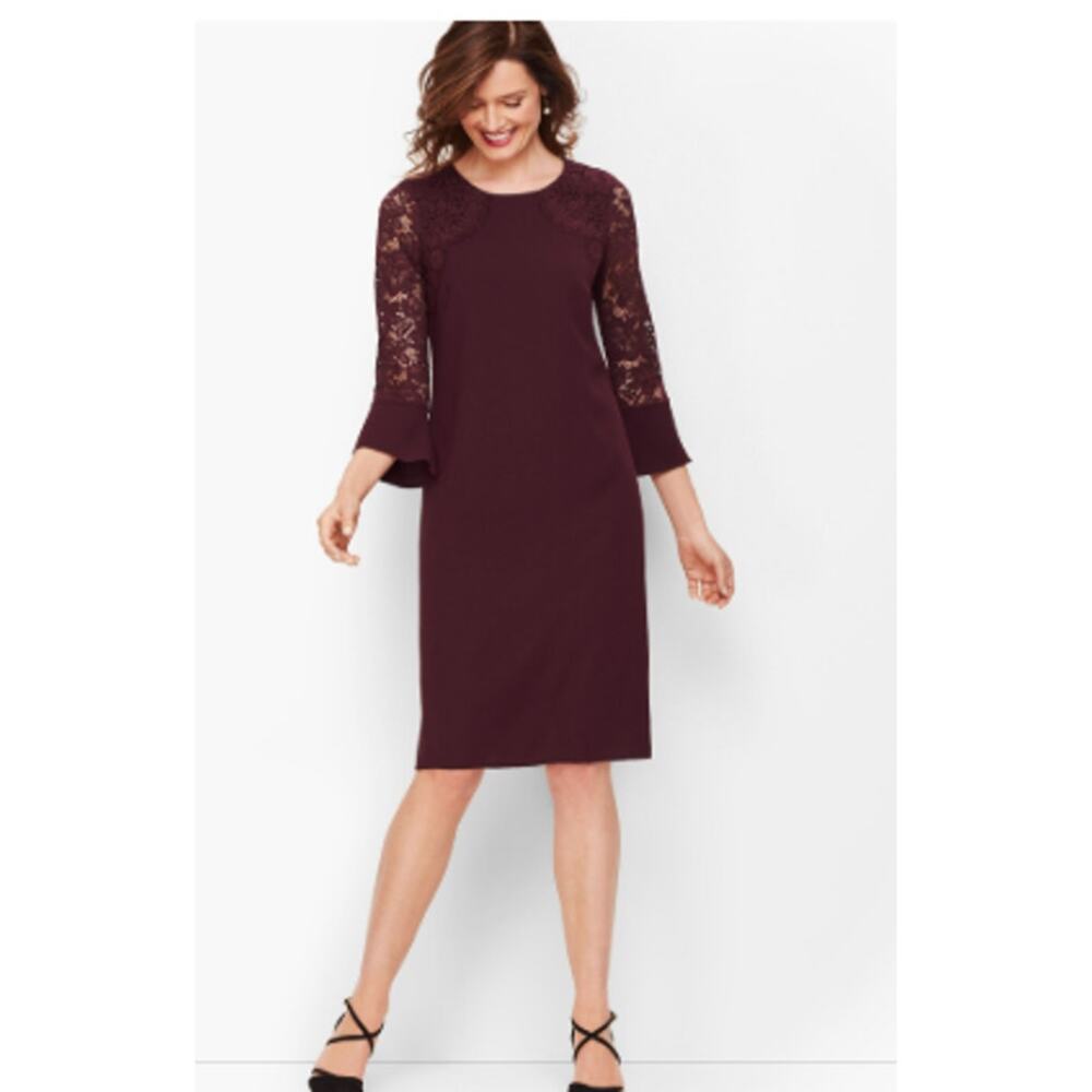 NEW RSVP Talbots 14P Crepe & Lace Shift Dress Black Formal Career 3/4 Sleeve